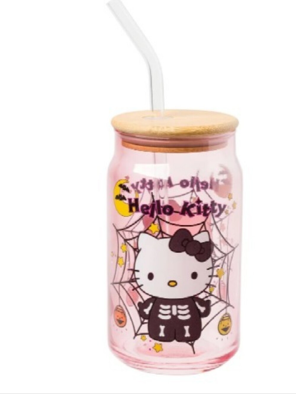 Hello Kitty Pink Halloween Glass Tumbler with Straw and Bamboo Lid